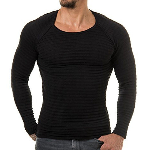 Men's Long Sleeve Striped New Knitted Sweater. Autumn Winter Solid Slim Fit Men Pullover