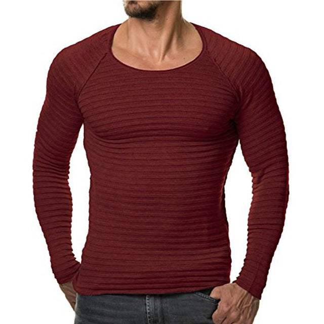 Men's Long Sleeve Striped New Knitted Sweater. Autumn Winter Solid Slim Fit Men Pullover