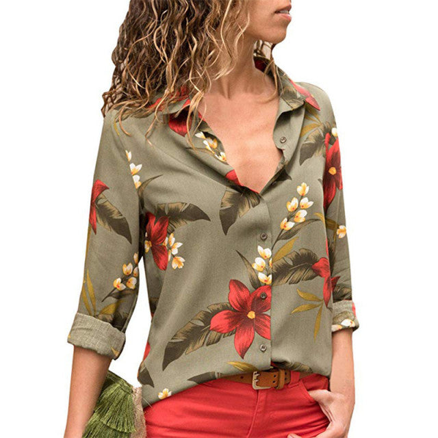 Floral Print Womens Tops and Blouses. Summer Blouse Long Sleeve Turn Down Collar Office Shirt Blusas Mujer Plus Size