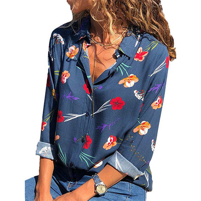 Floral Print Womens Tops and Blouses. Summer Blouse Long Sleeve Turn Down Collar Office Shirt Blusas Mujer Plus Size