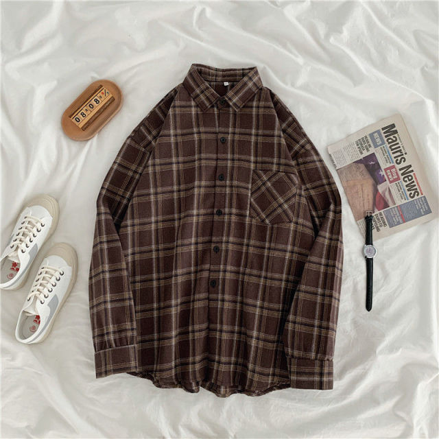 Vintage Women Plaid Shirts, Autumn Long Sleeve Oversize Button Up Tops, Loose Casual Fall Outwear