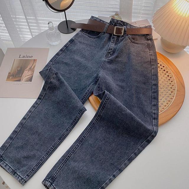 Vintage Basic Blue Ankle-length Denim Pants Plus Size Boyfriend Gray Jeans. Straight Women Jeans with Belt