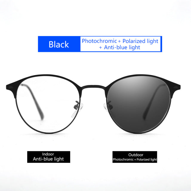 Men Women Photochromic Anti Blue Light Sunglasses. Round Optical Eyewear Frame Computer Glasses Polarized