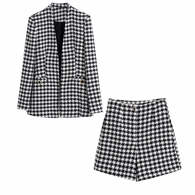 Two Pieces Women Set. Vintage V Neck Long Sleeve Office Lady slim Blazer Coat Female Hight Waist Shorts Suit