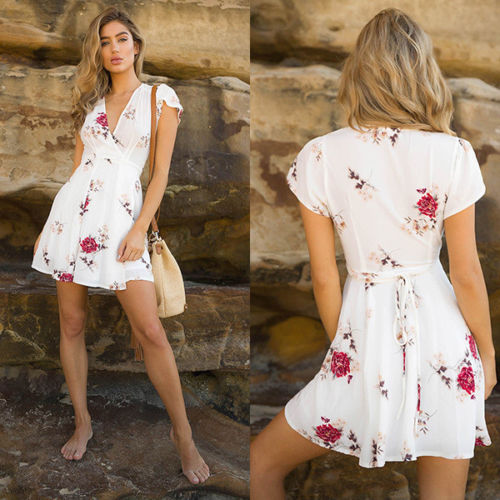 Women's Short Sleeve Casual Mini Dress. Party V-neck High Waist Chiffon Short Mini Dress Beach Style Dress