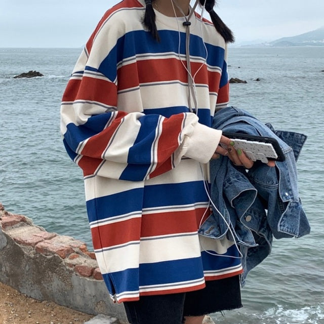 Striped Casual Women Hoodies. Long Sleeve Hoodie Sweatshirt Harajuku Jumper cotton Pullovers oversized Coat
