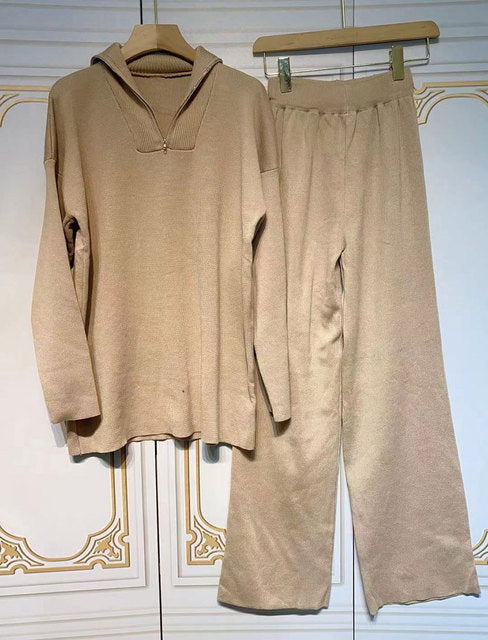 Casual Loose Knit Sweater Set. Autumn Fashion Zip Lapel Long Sleeve Pullover Sweater &amp; Straight Pants Two-piece Set