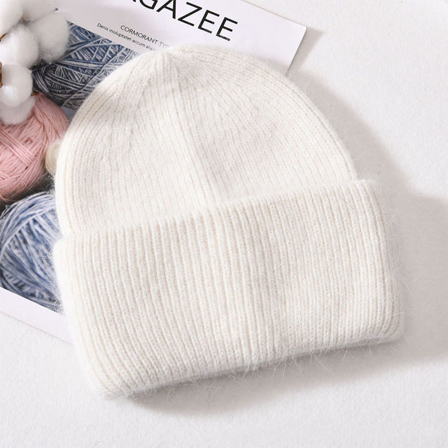 Real Rabbit Fur Knitted Women Beanies. Fashion Solid Warm Cashmere Wool Skullies Beanies Female Three Fold Thick Hats