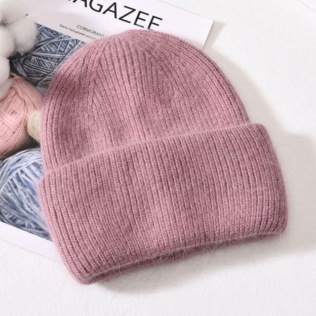 Real Rabbit Fur Knitted Women Beanies. Fashion Solid Warm Cashmere Wool Skullies Beanies Female Three Fold Thick Hats