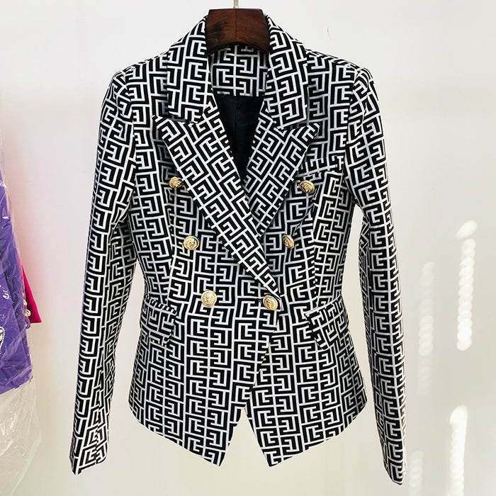 High Street Women Jacket. Double Breasted Lion Buttons Geometrical Jacquard Blazer
