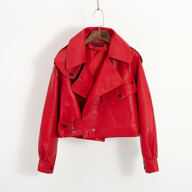 Spring Women Faux Leather Jacket. Red White Coat Turndown Collar PU Motorcycle Jackets Loose Streetwear Biker Outerwear