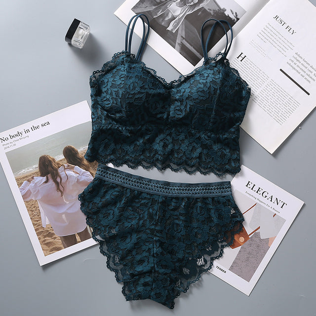 Women Lace Bra Set Lingerie Set. French Bralette Lace Panties Cropped Bra Pantys Set Female Intimates Seamless Underwear Set