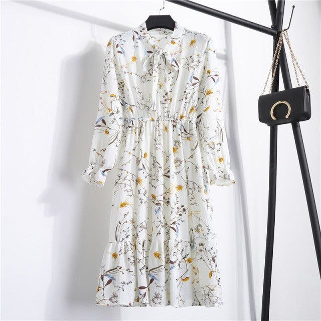 Floral Print Long Sleeve Women Dresses. Vintage Chiffon Bow Tie Neck Office Lady Shirt Dress Summer