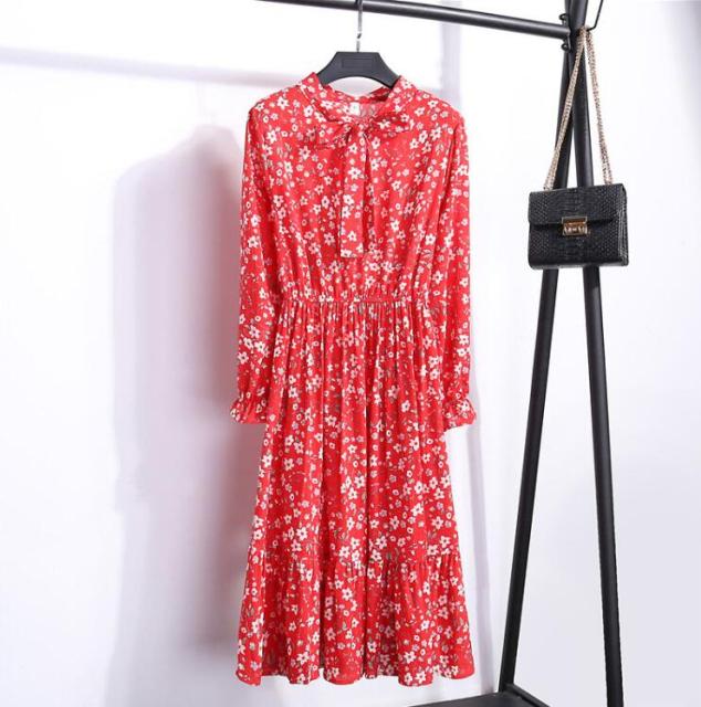 Floral Print Long Sleeve Women Dress. Vintage Chiffon Bow Tie Neck Office Lady Shirt Dress Summer