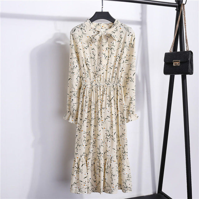 Vintage Floral Print Long Sleeve Women Dress. Chiffon Bow Tie Neck Office Lady Shirt Dress Summer