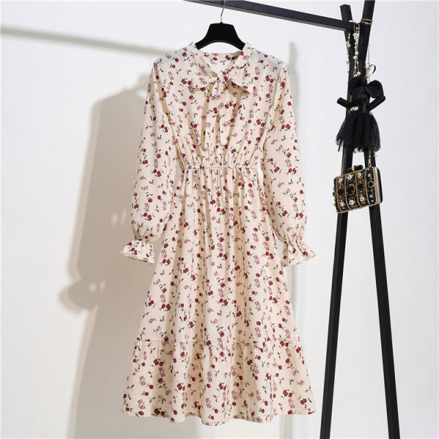 Vintage Floral Print Long Sleeve Women Dress. Chiffon Bow Tie Neck Office Lady Shirt Dress Summer