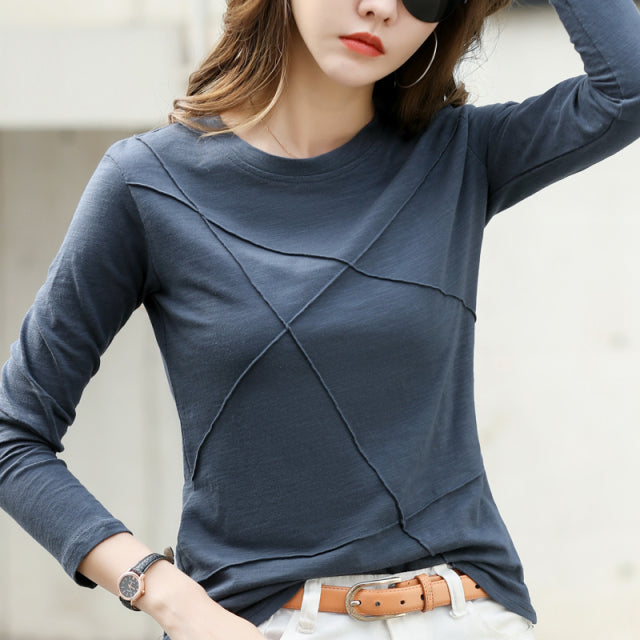 Bamboo Cotton T-Shirt. Ribbed Sping Fashion Autumn Women O-Neck Loose Simple Purple Tshirt Long Sleeve Ladies Green Cozy Top