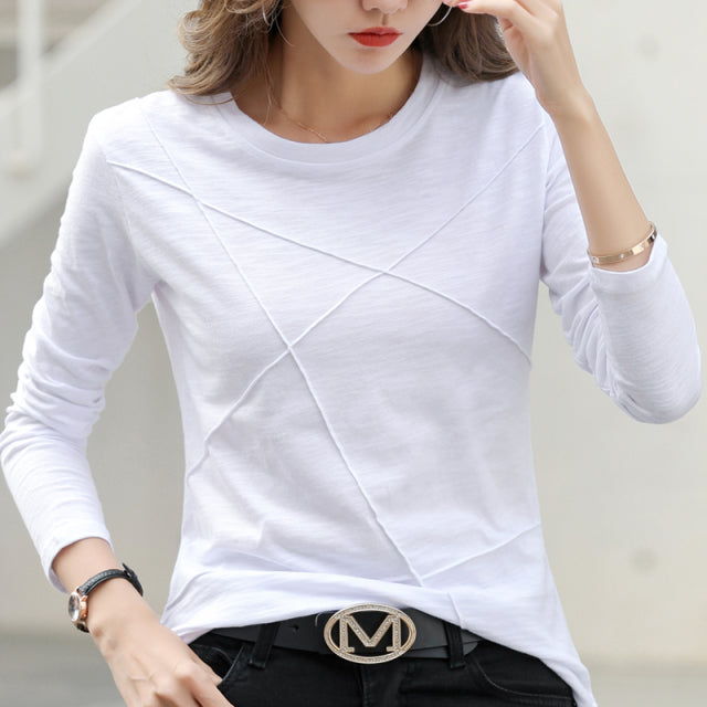 Bamboo Cotton T-Shirt. Ribbed Sping Fashion Autumn Women O-Neck Loose Simple Purple Tshirt Long Sleeve Ladies Green Cozy Top