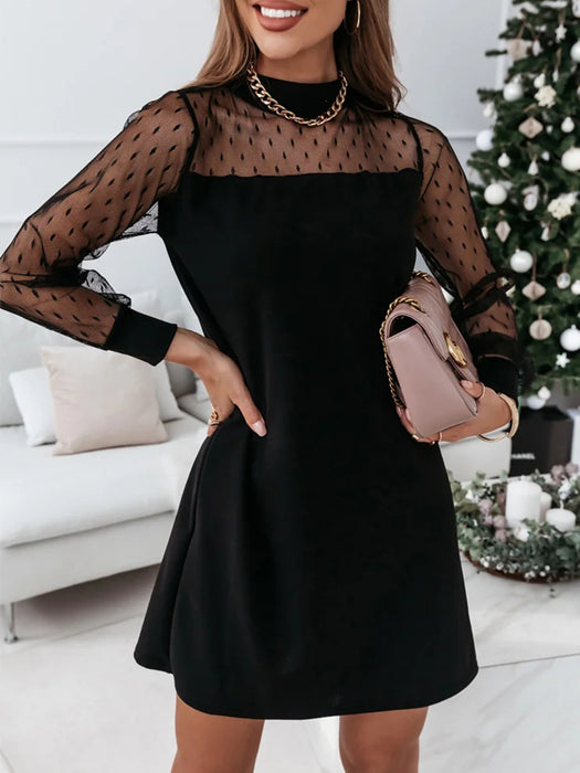 Women Sheer Mesh Stitching Dress, Spring Summer Sexy Long Sleeves Casual Loose Straight Mini Dresses