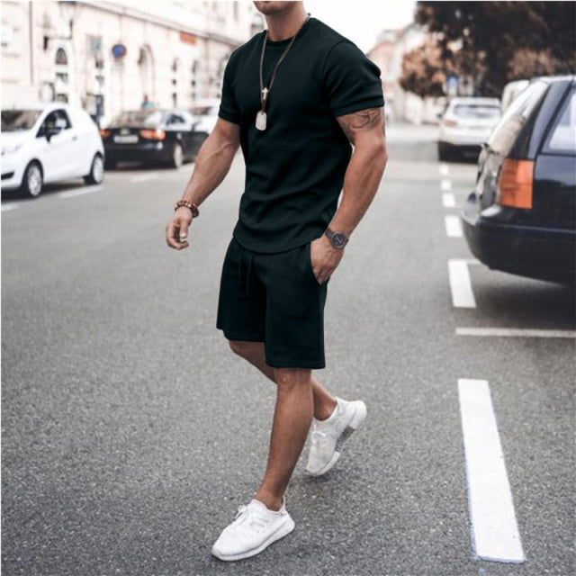T Shirt and Shorts 2 Piece Set Summer Men's Tracksuit. Solid Sport Hawaiian Suit Short Sleeve Casual Fashion Man Clothing