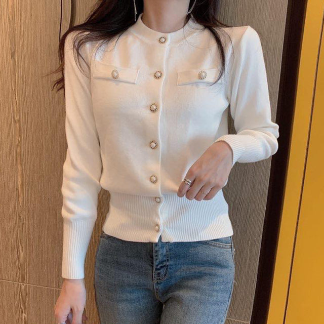 Women Cardigan Sweater, Knitted Long Sleeve Short Coat Spring, Casual Single Breasted Chic Ladies Top