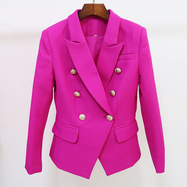 Women Classic Lion Buttons Double Breasted Slim Fitting Textured Blazer Jacket, High Street Blazer