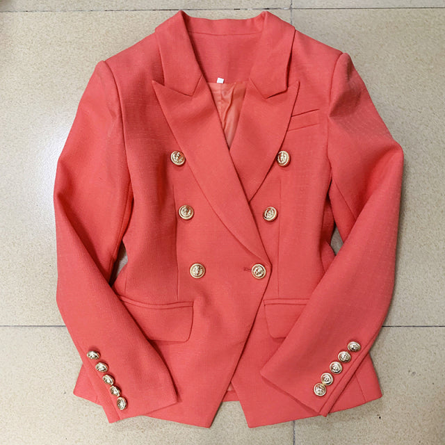 High Street Blazer Women Classic Lion Buttons Double Breasted Slim Fitting Textured Blazer Jacket