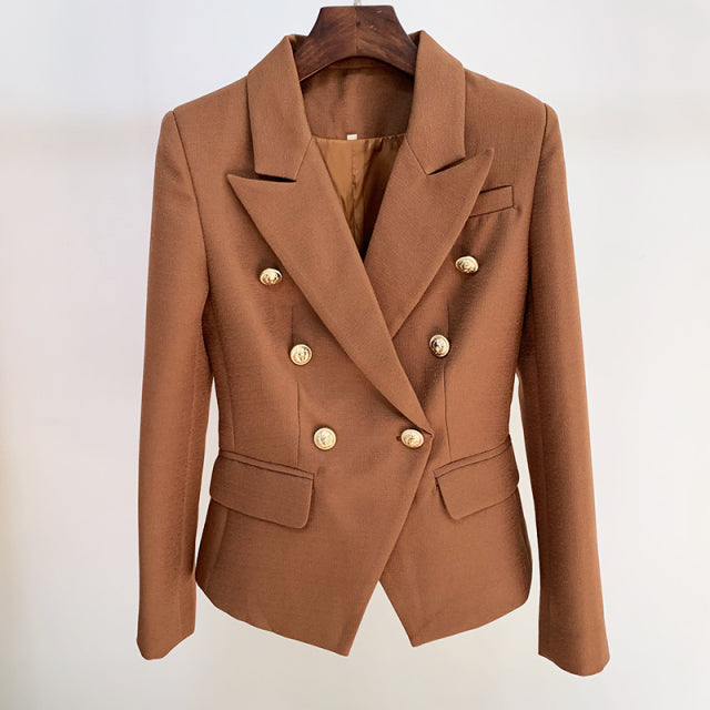 High Street Blazer Women Classic Lion Buttons Double Breasted Slim Fitting Textured Blazer Jacket