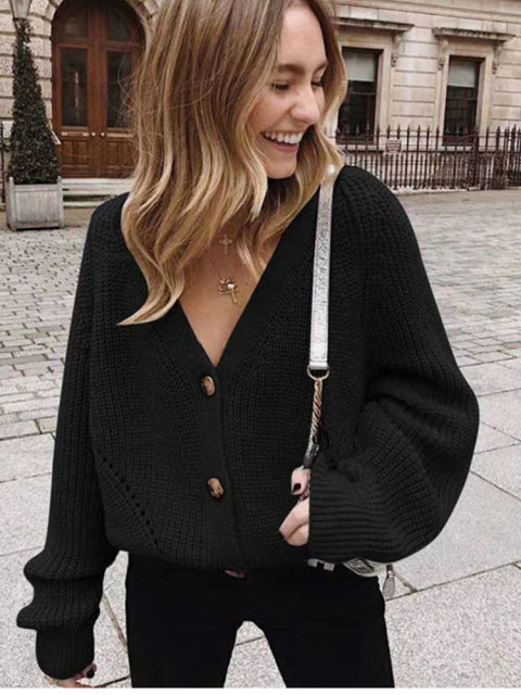 Women Knitted Cardigans Sweater, Autumn Fashion Long Sleeve Loose Coat Casual Button Thick V-Neck Solid Female Tops
