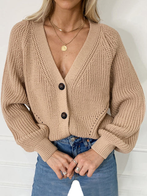 Women Knitted Cardigans Sweater, Autumn Fashion Long Sleeve Loose Coat Casual Button Thick V-Neck Solid Female Tops