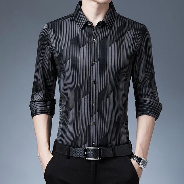 Long Sleeve Men Social Shirt Streetwear Casual Striped Shirts. Mens Dress Slim Regular Fit Clothes Fashions