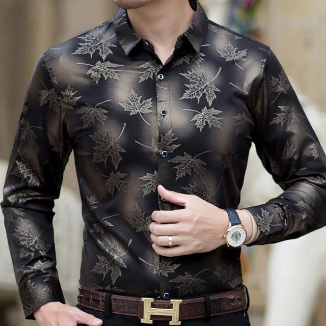 Long Sleeve Maple Leaf Design Slim Fit Vintage Fashion Men Shirts. Men's Shirt Man Dress