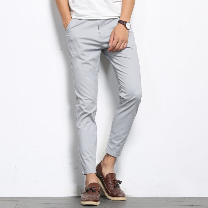 Men's Solid Color Casual Pants. Men Straight Slight Elastic Ankle-Length High Quality Formal Trousers