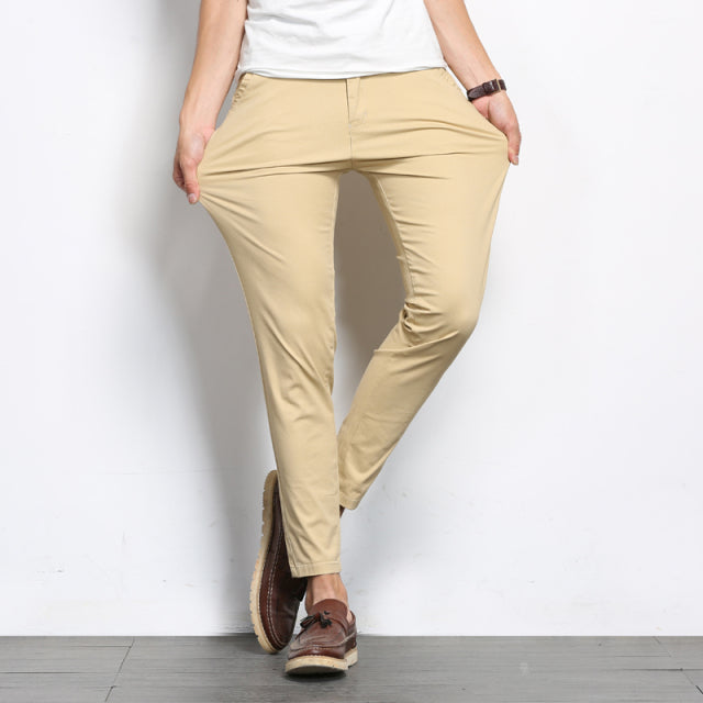 Men's Solid Color Casual Pants. Men Straight Slight Elastic Ankle-Length High Quality Formal Trousers