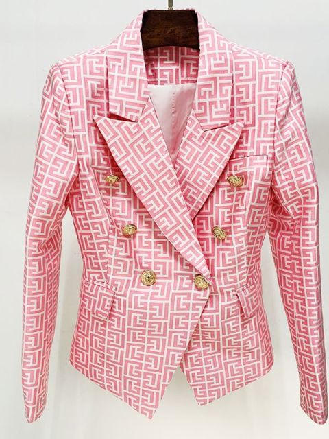 High Street Women Jacket. Double Breasted Lion Buttons Geometrical Jacquard Blazer