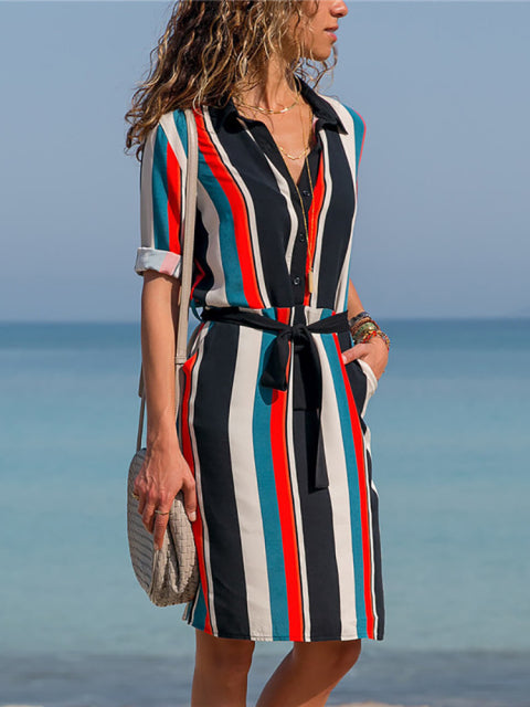 Long Sleeve Shirt Women Casual Dress. Summer Boho Beach Dresses Striped Print A-line Mini Party Dress Vestidos