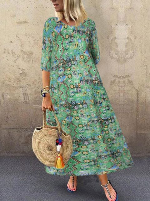 Pleated Vintage Women Dress. Vestidos Robe Printed Long Maxi Dresses Femme 3/4 Sleeve Tunic