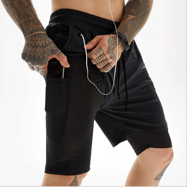 2 In 1 Double-deck Quick Dry GYM Sport Men Shorts. Running Shorts Fitness Jogging Workout Shorts Men Sports Short Pants