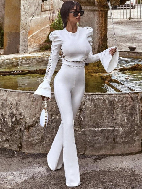 Women Long Sleeve Flare Black White Two Pieces Bandage Set. Celebrity Designer Fashion Party Women's Set