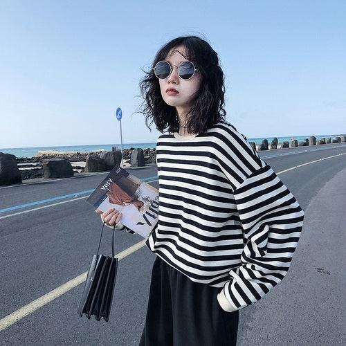 Cotton Women Hoodies. Harajuku Gothic Stripe Hoodie Autumn long sleeve loose Kawaii Korean thin Sweatshirt kpop Tops