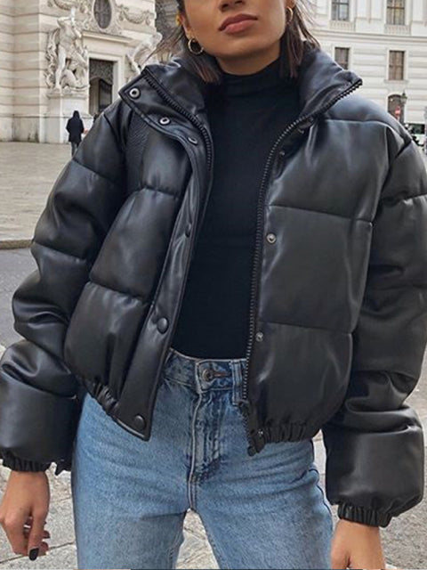 Thick Warm Short Parkas Women Leather Coats. Winter Fashion Black PU Ladies Elegant Zipper Cotton Jackets Female Ouwear