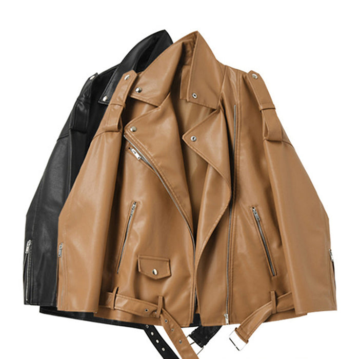 Spring Autumn Faux Women Leather Jackets. Loose Casual Coat Drop-shoulder Motorcycles Locomotive Outwear With Belt