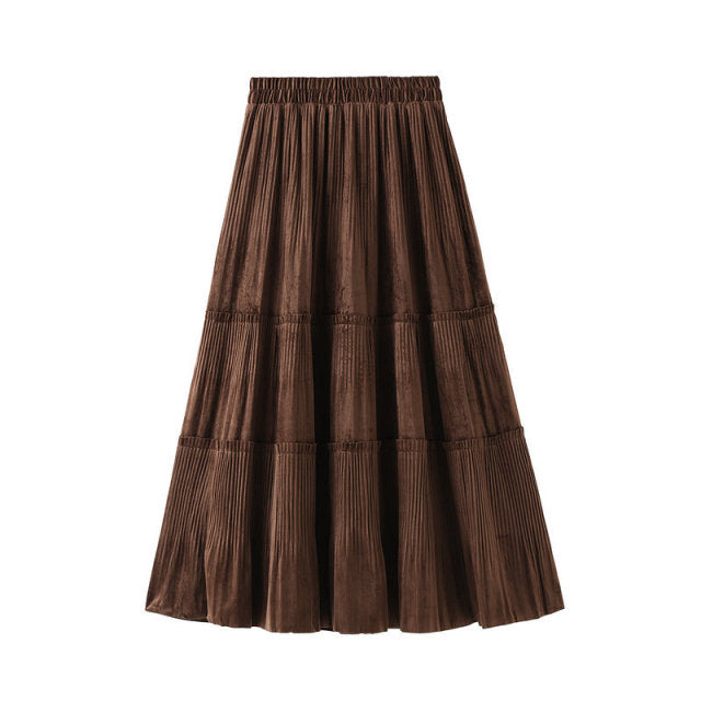 Long Velvet Pleated Women Skirt, Solid Color Female Vintage Spring Autumn Elegant Fashion Ladies High Waist A line Skirt