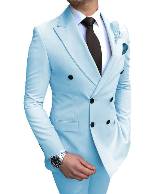 Double Breasted (Blazer+Pants) 2 Pieces Men's Suit. Notch Lapel Flat Slim Fit Casual Tuxedos For Wedding