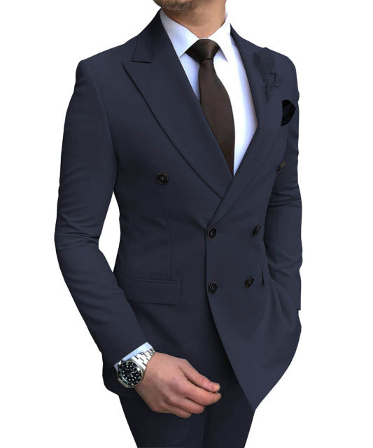 Double-Breasted (Blazer+Pants) 2 Pieces Men's Suit. Notch Lapel Flat Slim Fit Casual Tuxedos For Wedding