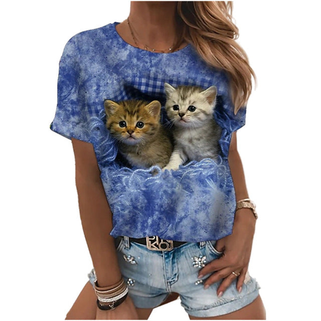 Digital 3D Printing Short Sleeve Women T-shirt  Summer Fashion Shirt Cute Cat Round Neck Top Loose