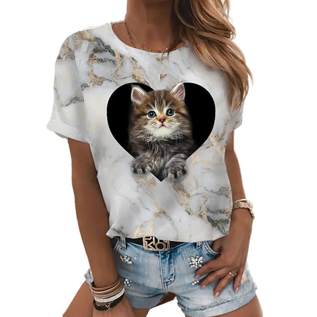 Digital 3D Printing Short Sleeve Women T-shirt  Summer Fashion Shirt Cute Cat Round Neck Top Loose