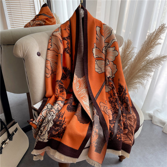 Floral Women Scarf. Pashmina Shawls and Wraps Cashmere Thick Warm Female Blanket
