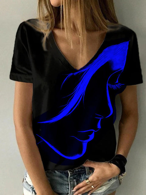 Abstract Portrait Painting Women's T Shirt. Plus size Print Summer V Neck Basic Tops Black 3D Print Shirt