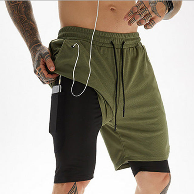 2 In 1 Double-deck Quick Dry Men Shorts. GYM Sport Wear Running Shorts Fitness Jogging Workout Shorts Men Sports Short Pants